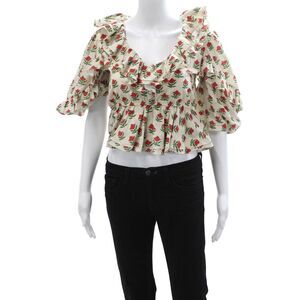 Rhode Women Cropped Beige Floral Cotton 3/4 Sleeve Blouse Size 0